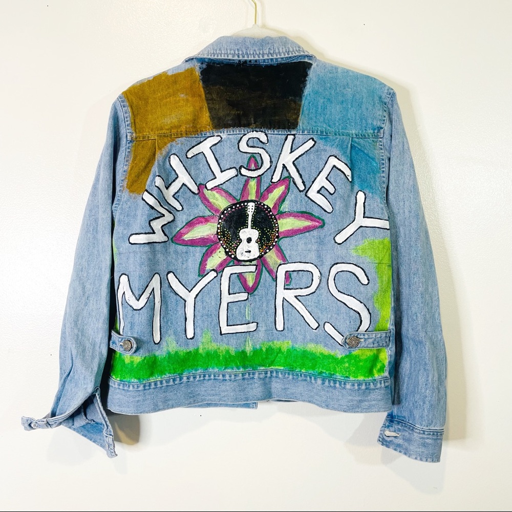 Chasing Sunsets | upcycled hand painted oversized jean jacket Whiskey Myers band